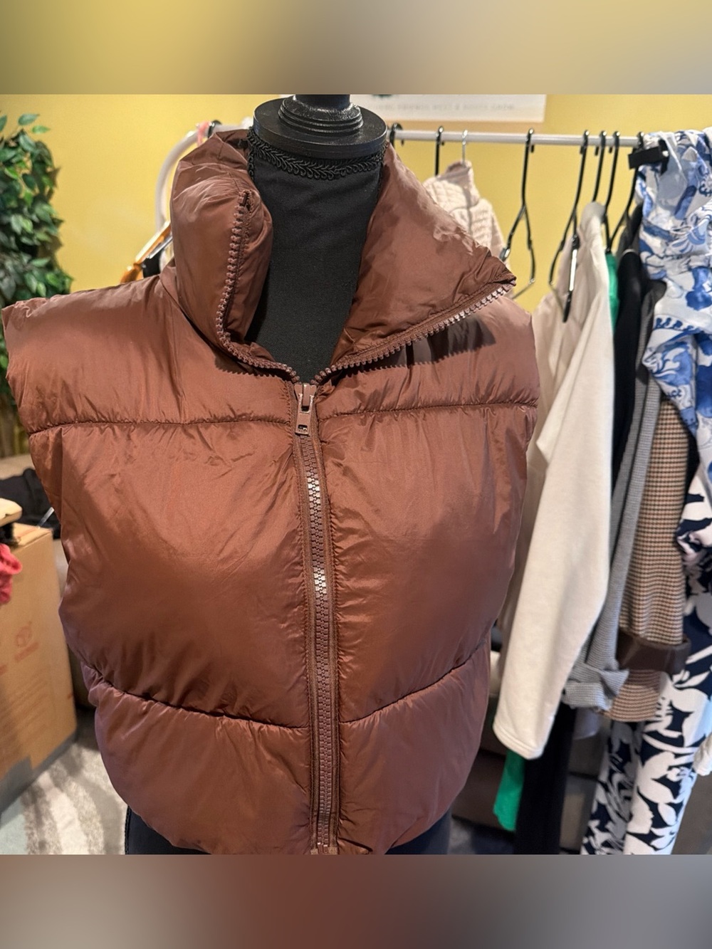 Brown Puffer Vest Jacket - Women's Insulated Zip Front